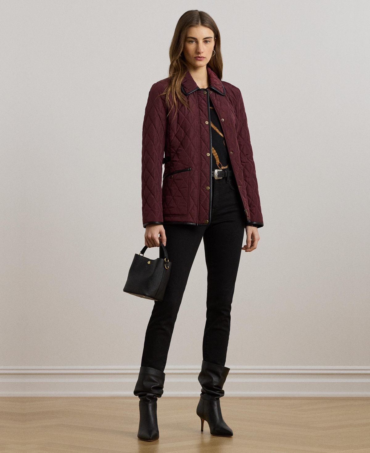 Ralph Lauren Petite Quilted Velboa Lined Coat In Burgundy