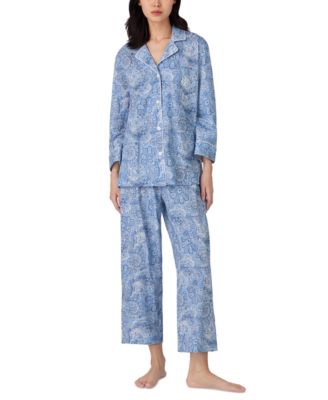Womens 3/4 Sleeve Cotton Notch Collar Capri Pant Pajama Set