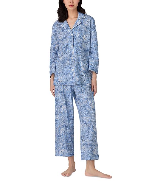 alfani Lauren Ralph Lauren Womens 3/4 Sleeve Cotton Notch Collar Capri Pant Pajama Set Women's Fashion Shoes & Accessories