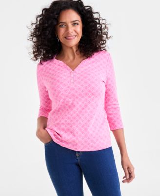Style & Co - Women's Printed 3/4-Sleeve Henley Top