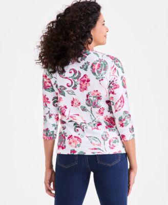 Women's Printed 3/4-Sleeve V-Neck Knit Top, Exclusively at Macy's