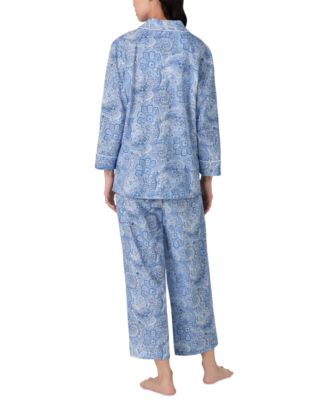 Womens 3/4 Sleeve Cotton Notch Collar Capri Pant Pajama Set