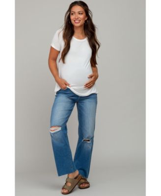Maternity Blue Straight Leg Frayed Hem Jeans