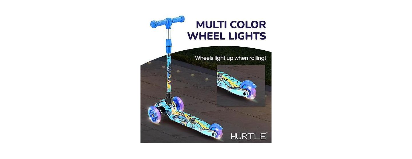 Детская игрушка Hurtle 3-Wheel Mini Kickboard Scooter for Kids - Adjustable Handlebar, LED Light-Up Wheels, Ages 2-5 - Graffiti Design — фото 6