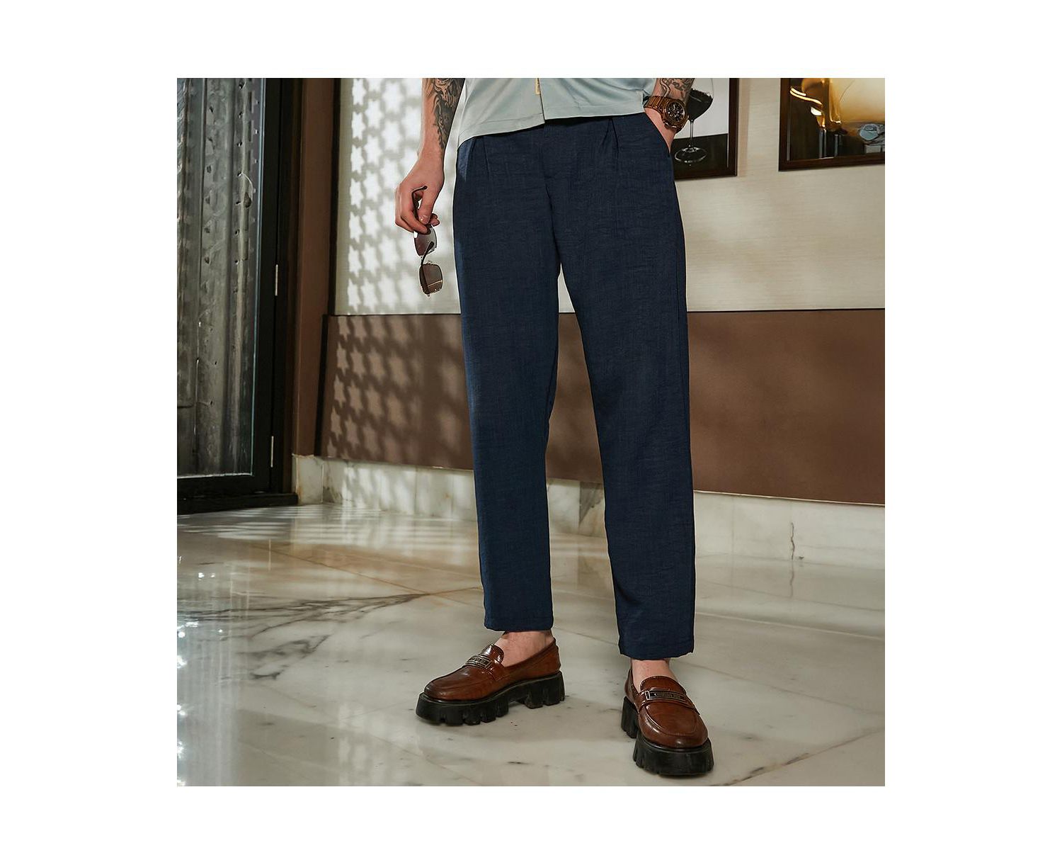Men's Prussian Blue Pleated Tailored Trousers