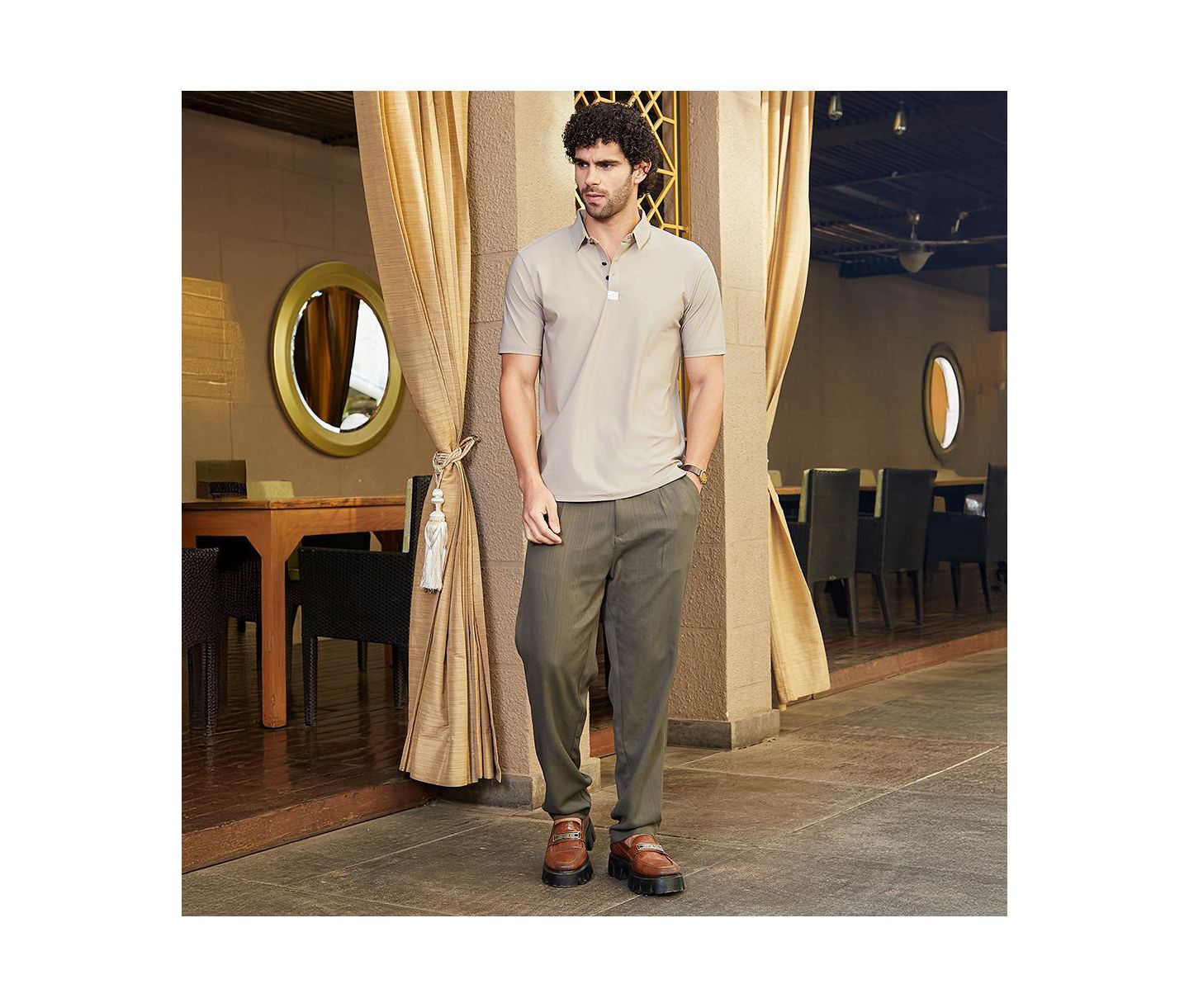 Мужская футболка Cahoot Campus Sutra Sand Beige Seamless Waffle Polo, цвет: Бежевый / Хаки — фото 6