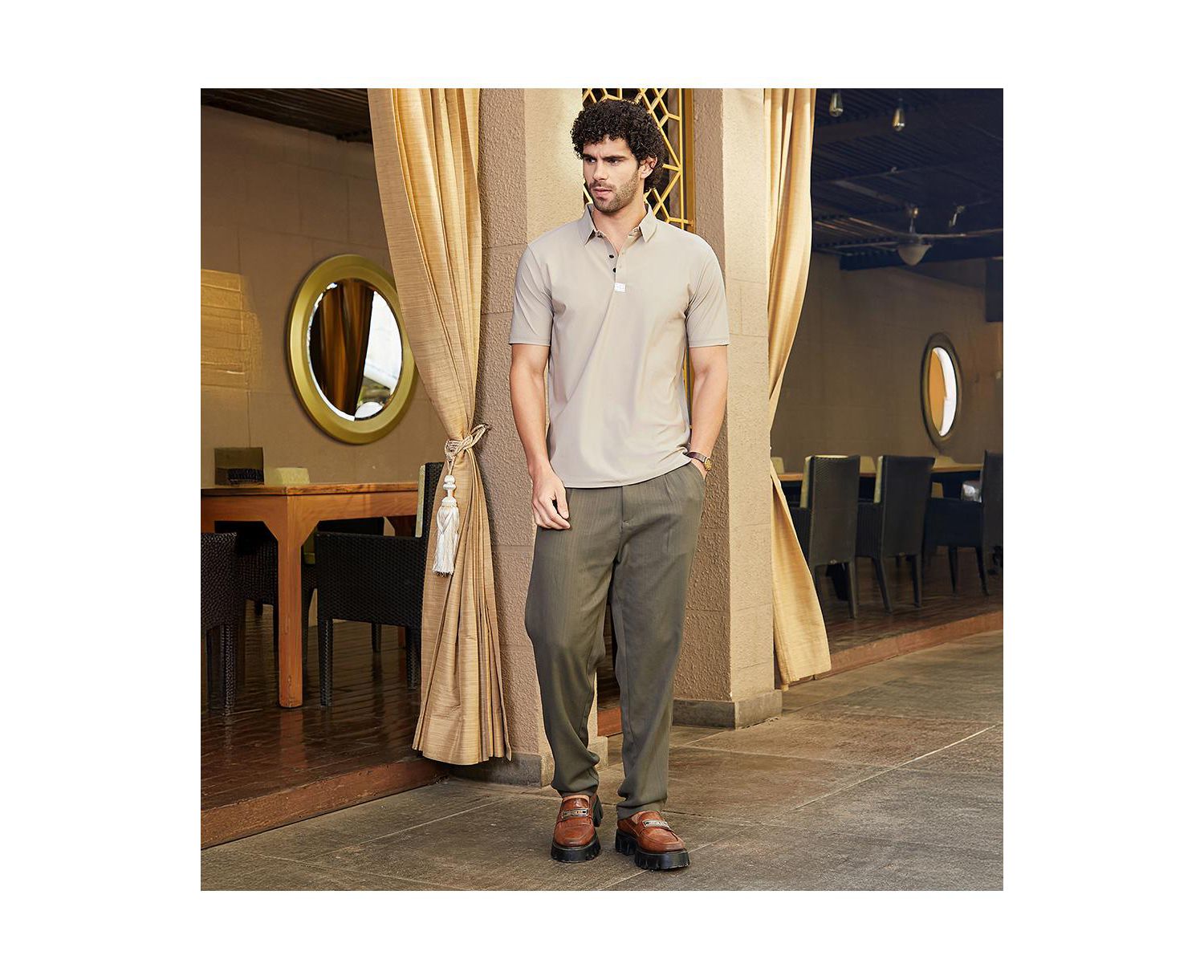 Men's Sand Beige Seamless Waffle Polo T-Shirt
