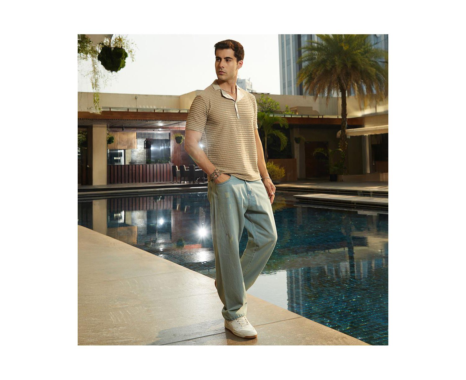 Men's Ash Brown Crease-Tactile Cuban Polo T-Shirt