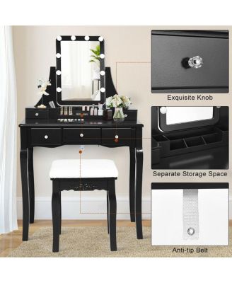 10 Dimmable Light Bulbs Vanity Dressing Table with 2 Dividers and Cushioned Stool