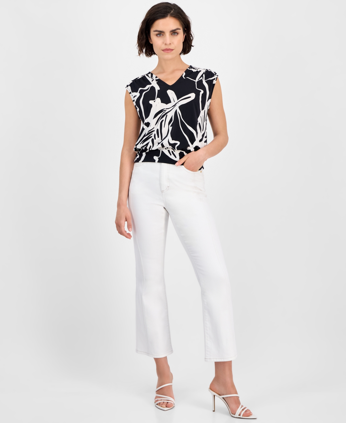 Inc International Concepts Petite Printed Banded-hem Sleeveless Top, Exclusively At Macy's In Black