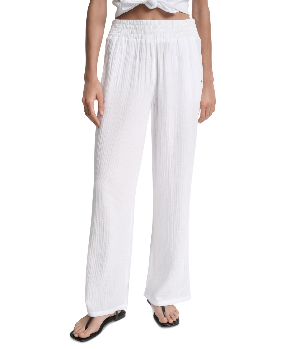 Petite Cotton Pull-On Smocked-Waist Pants - White