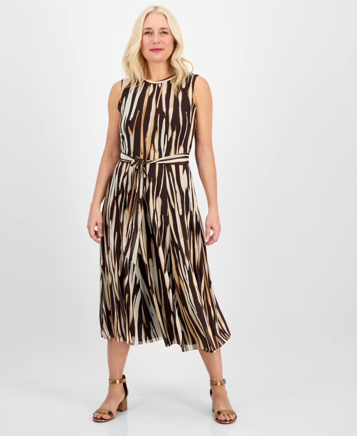 Women's Sleeveless Tie-Waist Midi Dress - Brown Tan