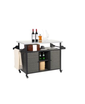 Outdoor Wicker Rolling Cart with Stainless Steel Top