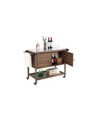 Wicker Bar Cart with Glass Top & Wheels