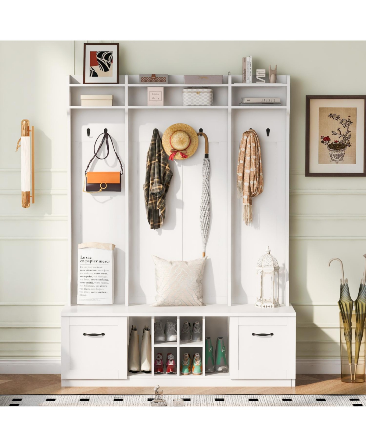 Entryway Hall Tree: Bench, Coat Rack, Drawers & Shelves - White