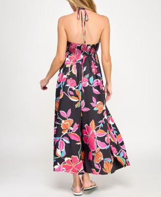 Juniors' Printed Smocked-Bodice Slit-Front Dress