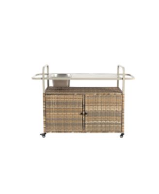 Wicker Bar Cart with Ice Bucket & Steel Top