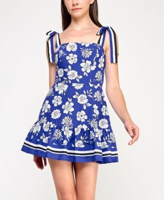 Trixxi - Juniors' Cotton Printed Tie-Shoulder Short Dress