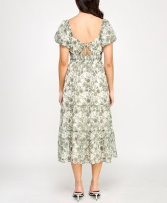 Juniors' Printed Sweetheart Slit Puff-Sleeve Midi Dress