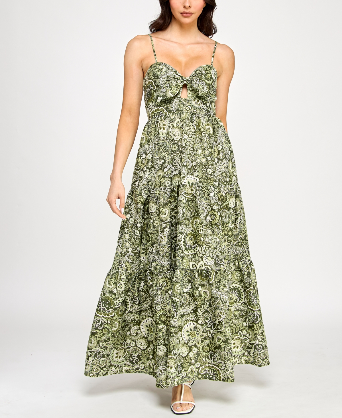 Juniors' Tie-Bust Keyhole-Cutout Paisley-Print Maxi Dress - Green Floral