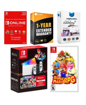 Switch OLED Console Mario Kart 8 Bundle with Super Mario RPG , NSO 12 Month Family Membership, MightySkins Console and Controller Skin Voucher and 1 Year CPS Extended Warranty