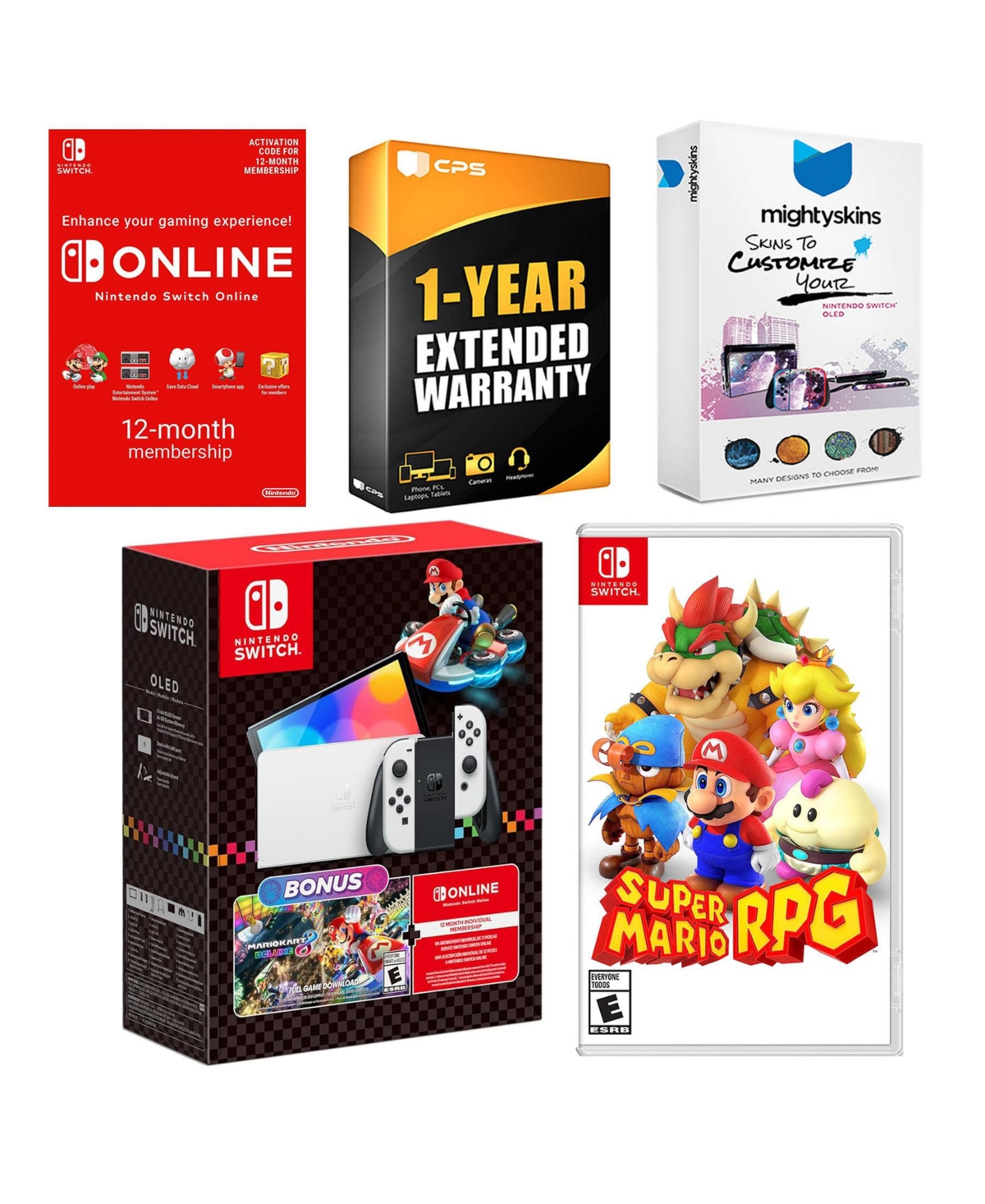 Nintendo Switch Oled Console Mario Kart 8 Bundle with Super Mario Rpg , Nso 12 Month Family Membership, MightySkins Console and Controller Skin Vouche