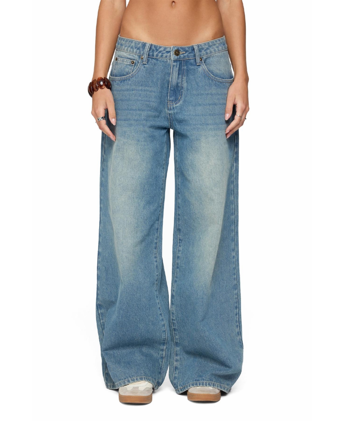 Women's Graphic Vintage Washed Low Rise Jeans - Blue-vintage-washed