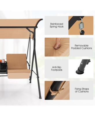 2-Person Canopy Porch Swing Padded Chair Cooler Bag Rotatable Tray