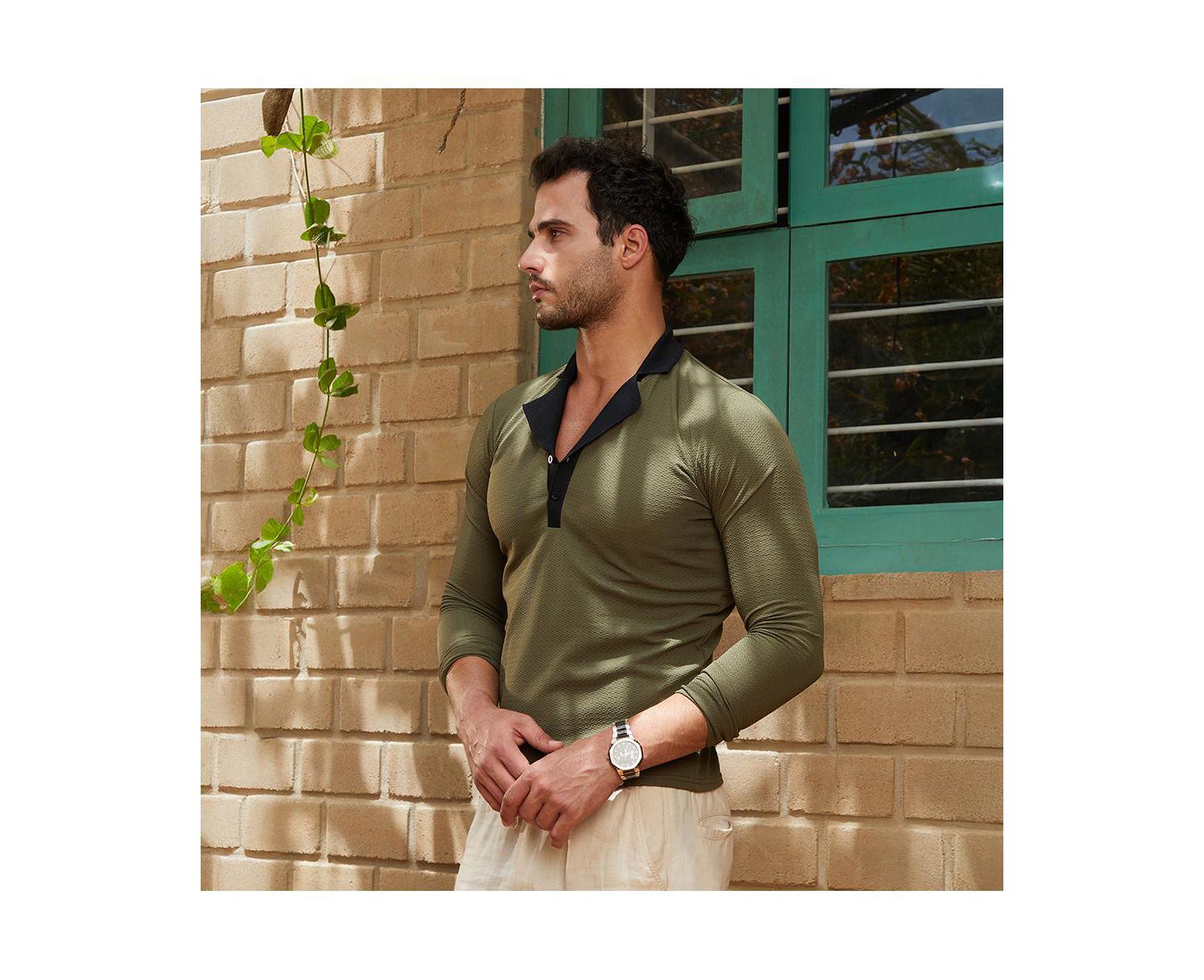 Men's Olive Green Obsidian Black Textured Cuban Polo T-Shirt