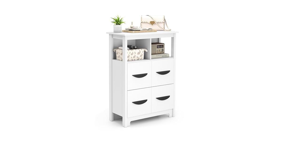 24 Inch Floor Cabinet with 2 Open Compartments and 2 Drawers - White