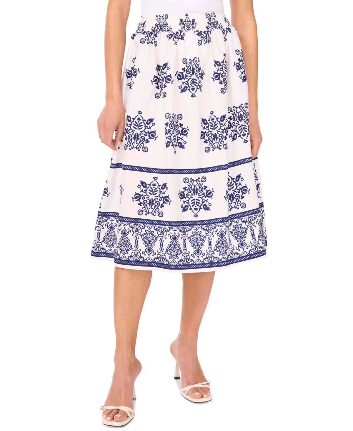 Women's Smocked-Waist Border-Print Midi Skirt - Classic Navy