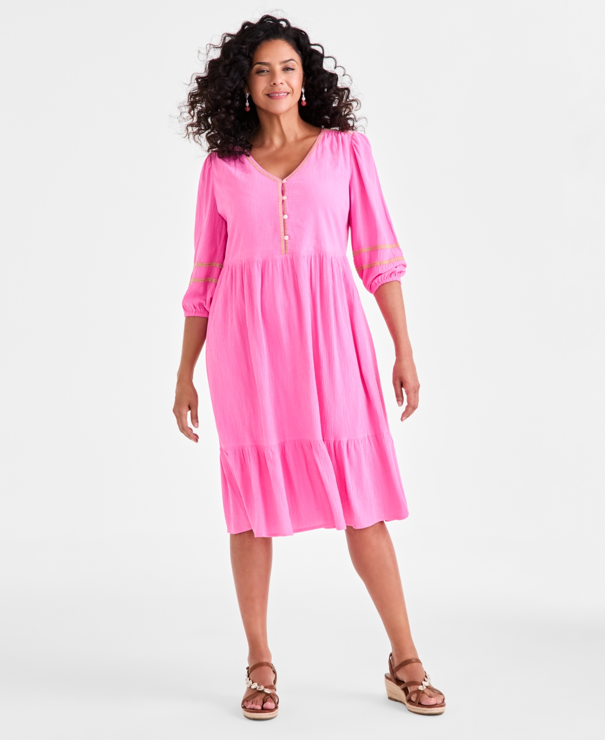 Women's V-Neck 3/4-Sleeve Tiered Midi Dress, Exclusively at Macy's - Monaco Rose
