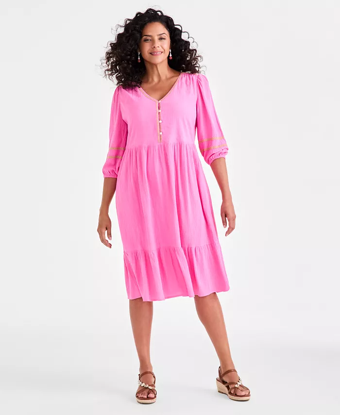 Women's V-Neck 3/4-Sleeve Tiered Midi Dress