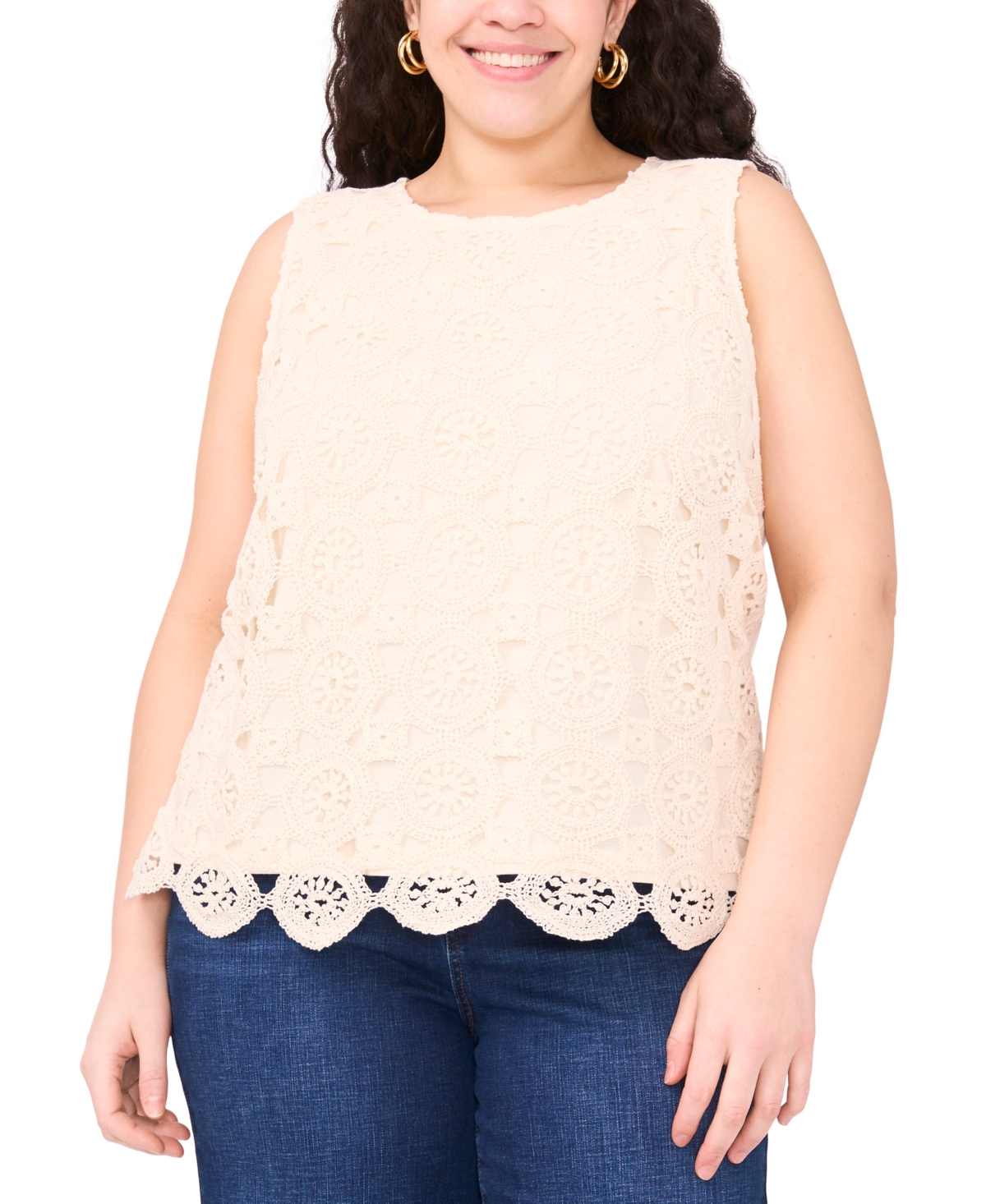 Vince Camuto Plus Size Crochet-front Scalloped-hem Tank Top In Neutral