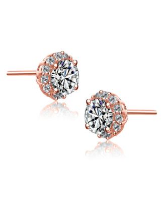 18K Rose Gold Plating with Clear Cubic Zirconia Round Stud Earrings