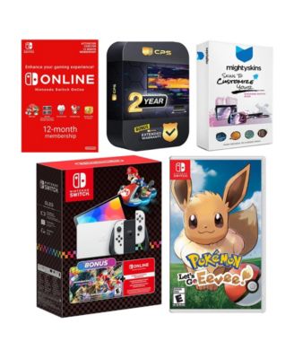 Switch OLED Console Mario Kart 8 Bundle with Pokemon Let's Go, Eevee!, NSO 12 Month Family Membership, MightySkins Console and Controller Ski