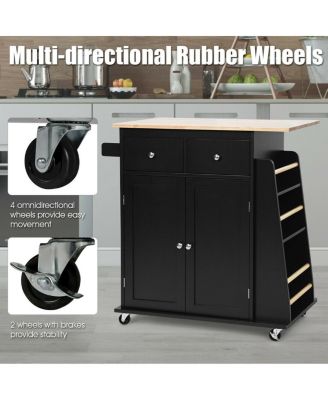 Rubber Wood Countertop Rolling Kitchen Island Cart