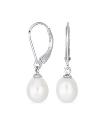 Simple CZ Accent Pear Shape Freshwater Cultured Pearl Teardrop Dangle Earrings Sterling Lever back