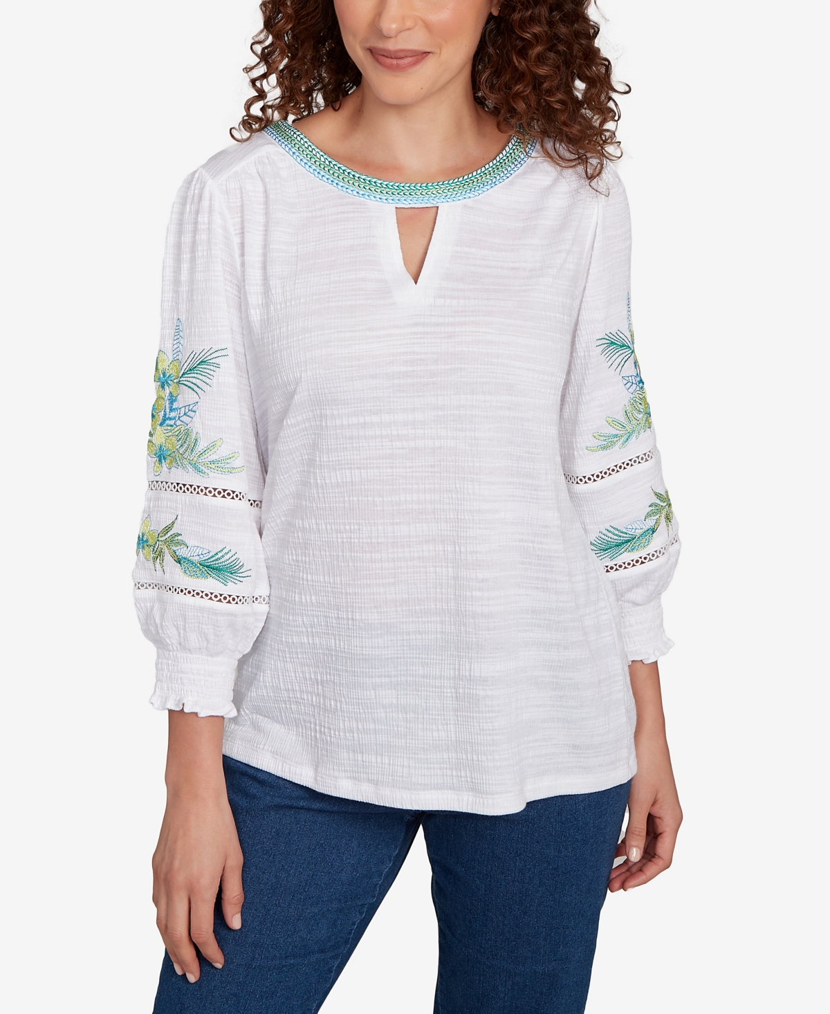 Petite Solid Embroidered Textured Knit Top - White