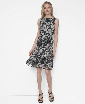 DKNY - Women's Chiffon Printed Boat-Neck Ruffle-Hem Dress