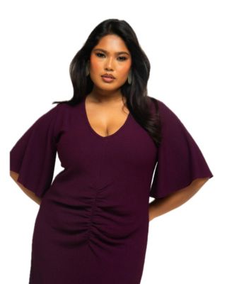 Women's Ruched Flutter Sleeve Midi Dress