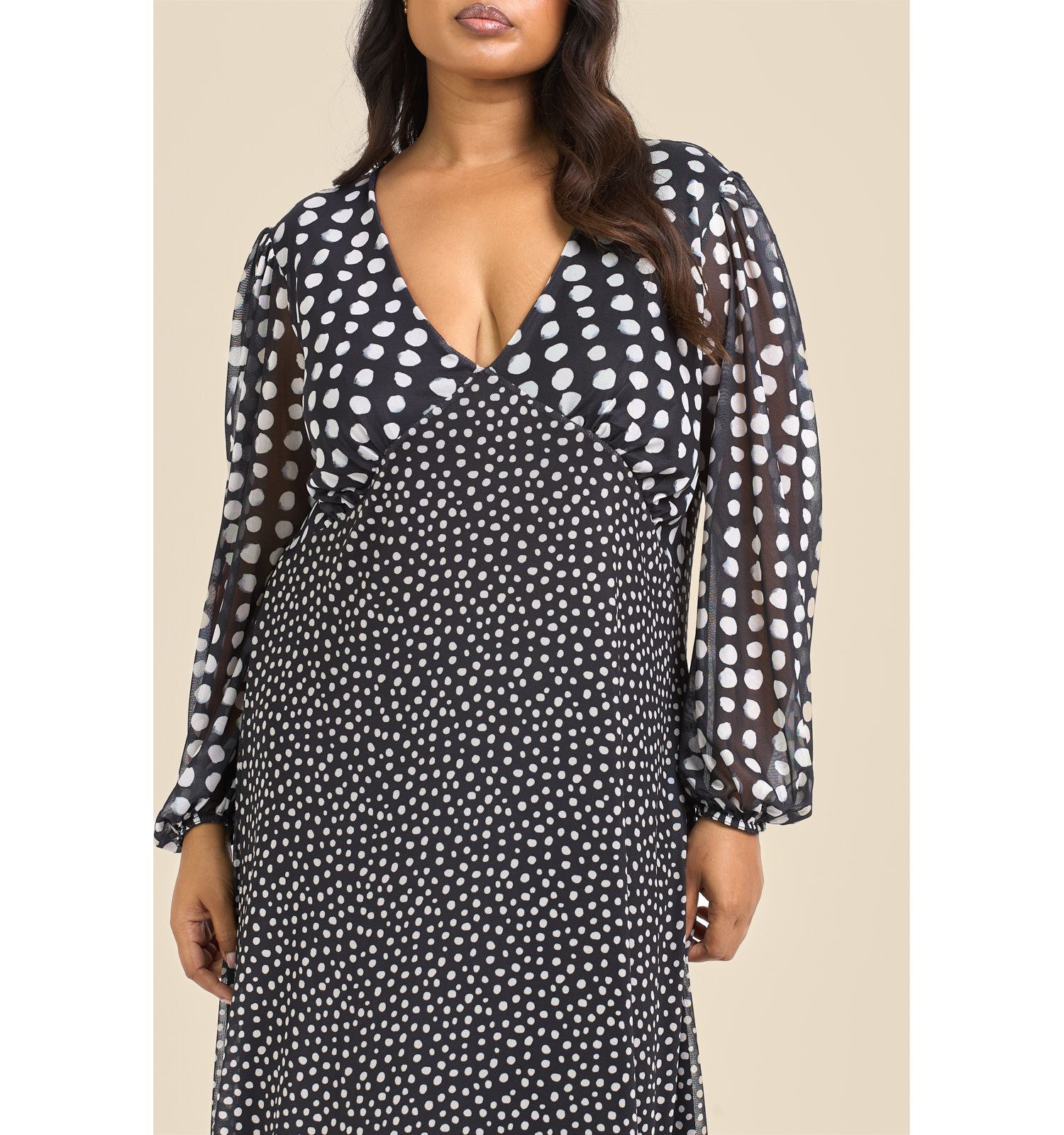 Women's Long Sleeved Polka Dot Midi Dress
