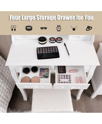 2-Pc MDF 4 Drawers & Dual-Use Desk Makeup Dressing Table with LED Touch Mirror & Cushioned Stool