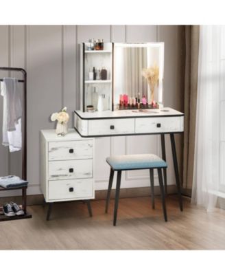 2Pc MDF And Stell Lighted Mirror Vanity Makeup Table Set