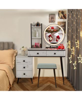 2-Pc. MDF 3-Color Lighted Mirror Vanity Table Set with Cushioned Stool