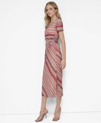 Women's Mesh Striped Side-Knot Boat-Neck Midi Dress