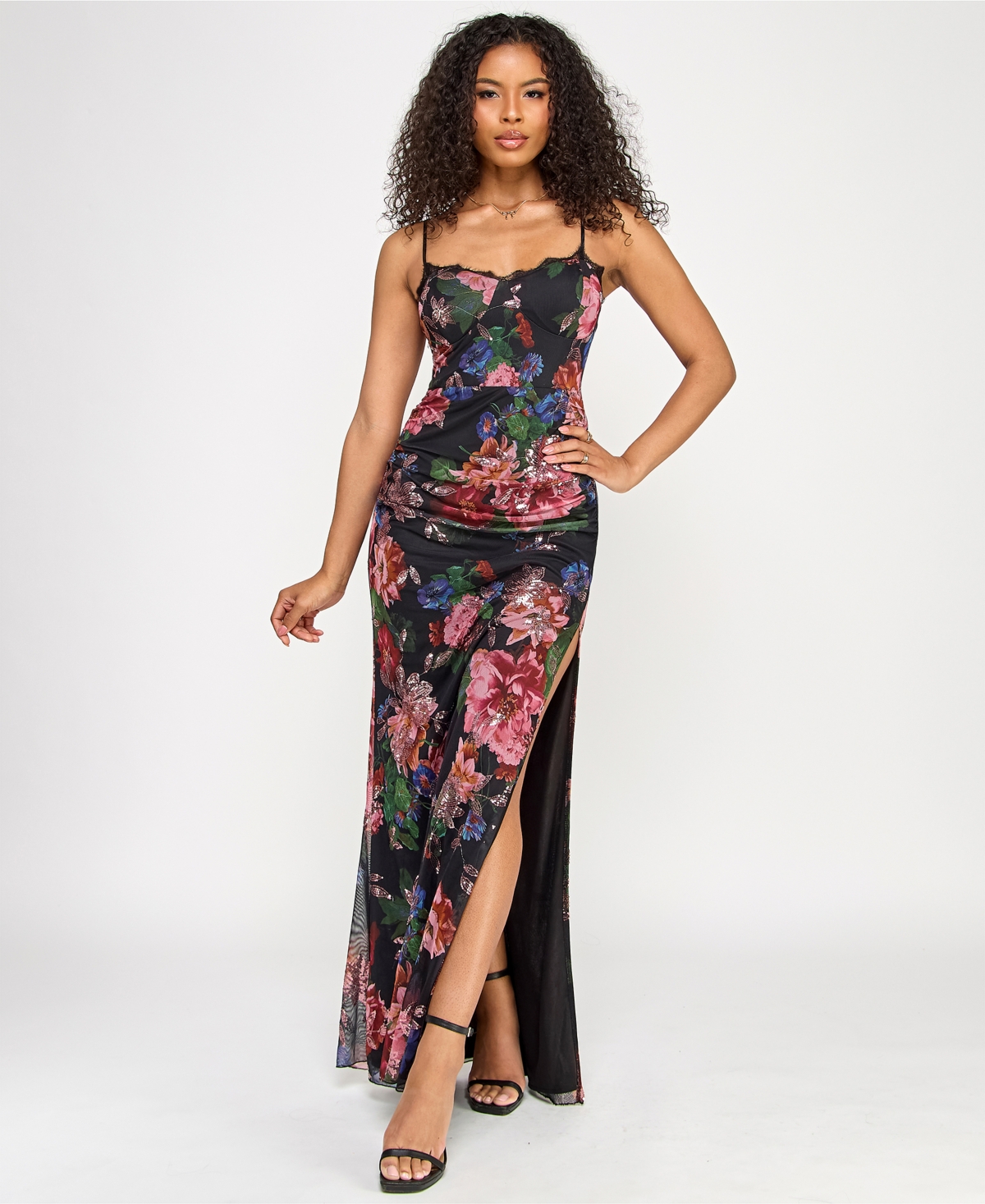 Katia Rae Juniors' Floral-print Sequined Spaghetti-strap Gown