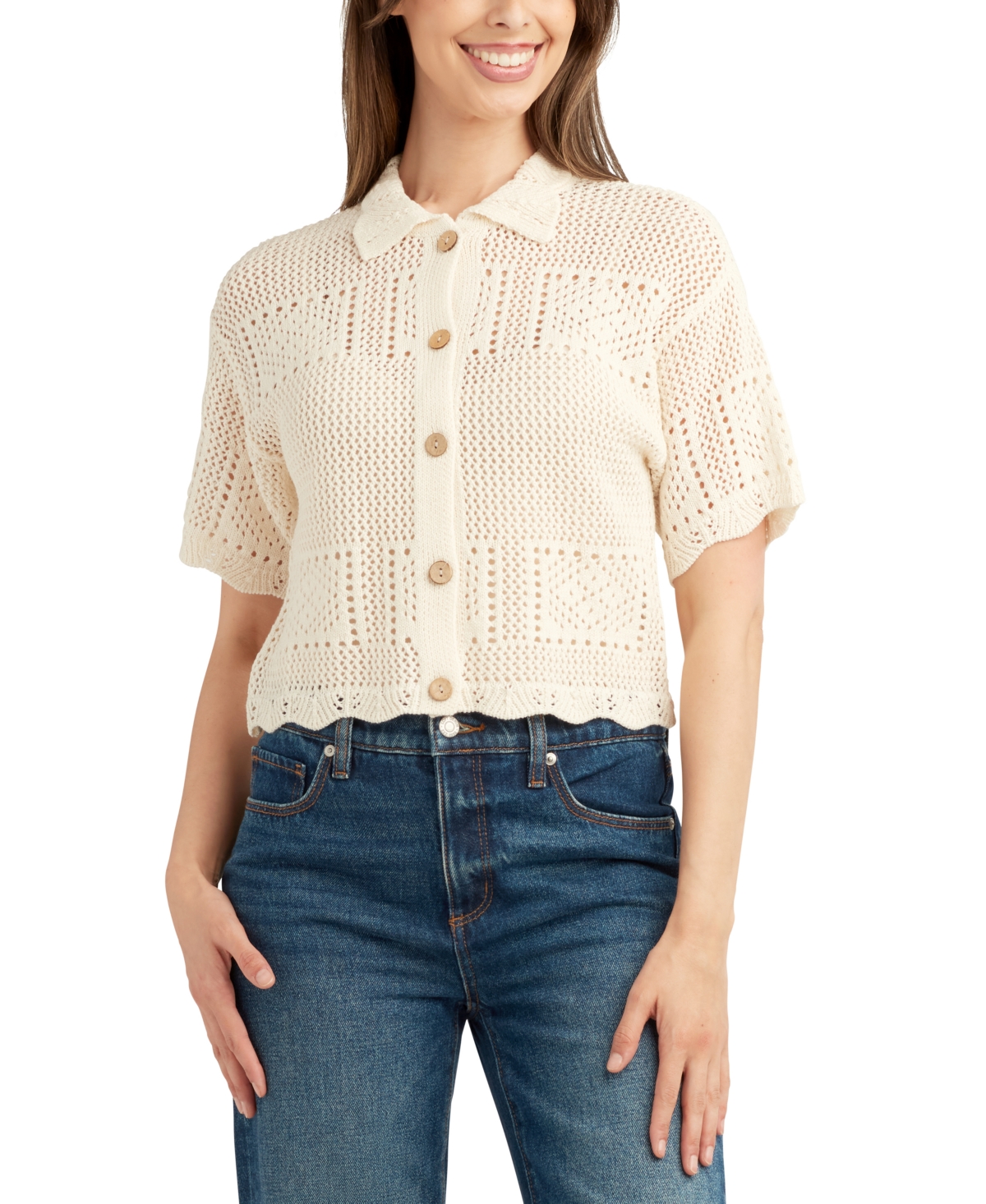 Juniors' Short-Sleeve Scalloped Cardigan Sweater - Ivory