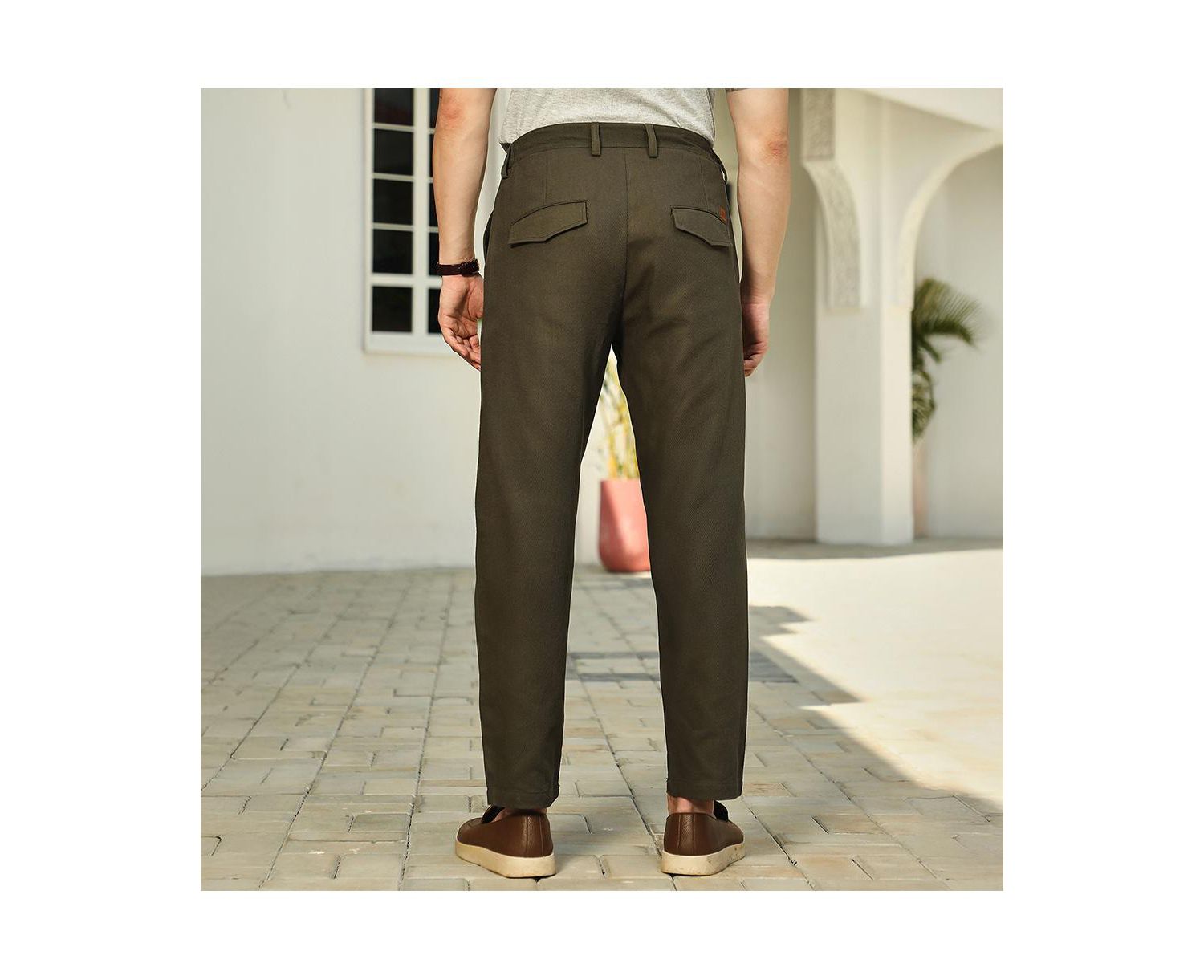 Men's Sacramento Green Ribbed-Pleated Chino Trousers
