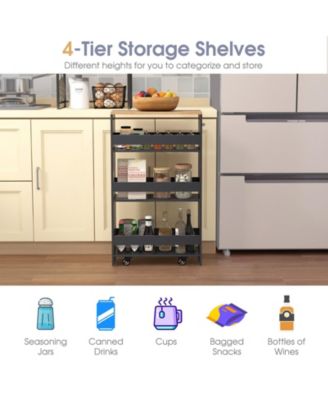 8" 4-Tier Rolling Storage Cart Slim Kitchen Cart on Wheels with Open Shelves and Handle